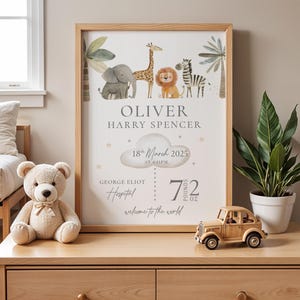 Neues Baby personalisierter Druck | Geburts-Details Geschenk | Andenken Druck | Baby Geschenk Neugeborenen Geschenk | Neutrales Kinderzimmer Poster | Tierdruck