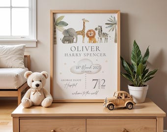 Personalised Baby Birth Stats Print: New Baby Keepsake Gift, Safari Animal Nursery Decor