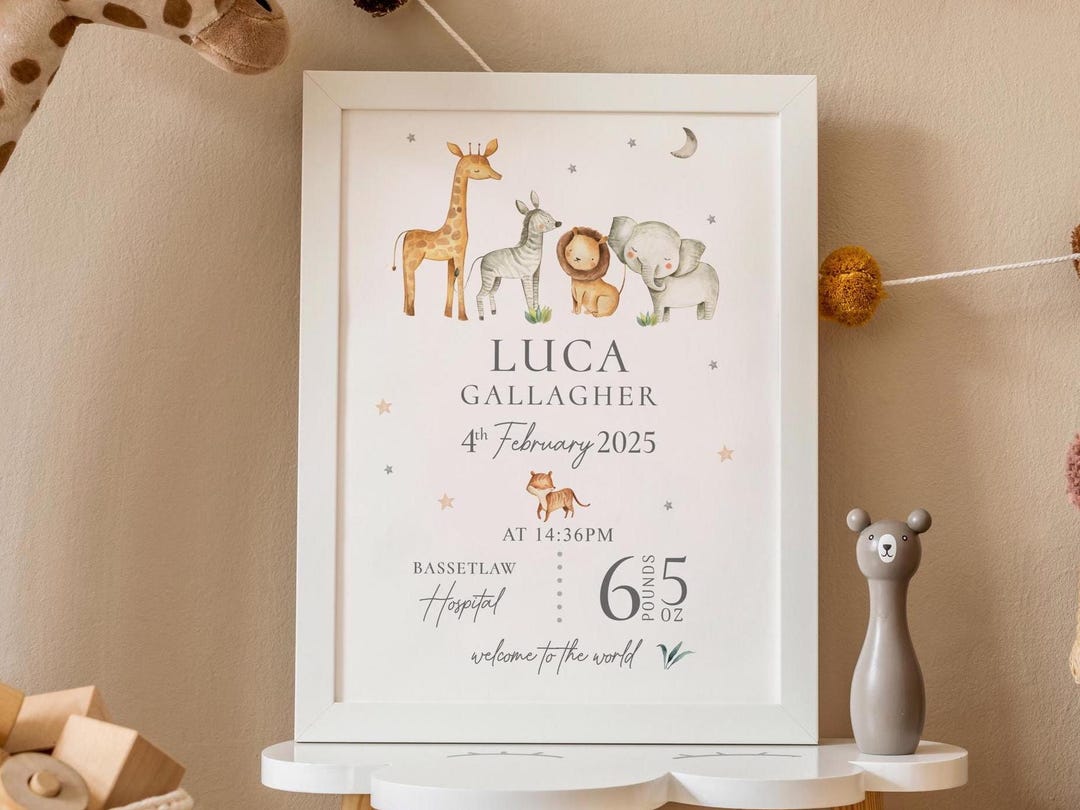 Personalised Baby Birth Stat Print: Keepsake Gift for Baby, Safari ...