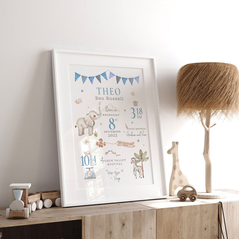 New Baby Boy Gift, Personalised print for boy, Gift for Baby boy, Nursery Print Boys, Personalised Gift for Boys, Birth Stats print image 2