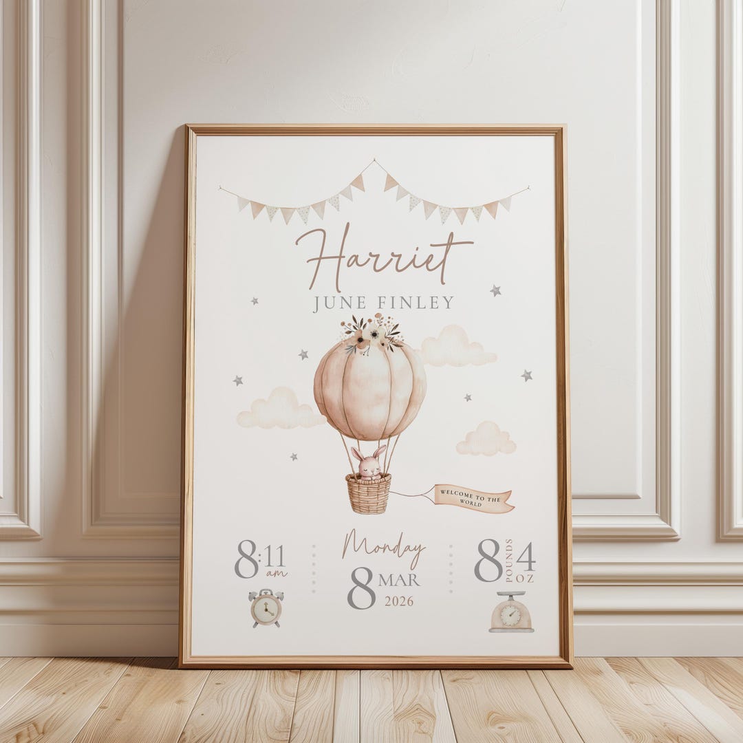 New Baby Personalised Print: Hot Air Balloon Birth Details Keepsake ...