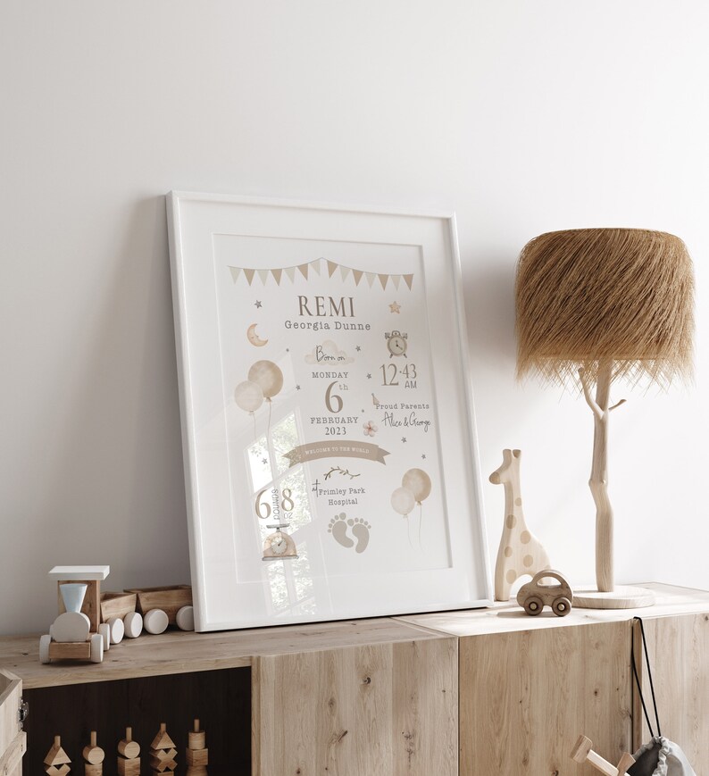 May include: A white framed print with a beige background and illustrations of balloons, stars, a moon, and a clock. The text reads "REMI Georgia Dunne Born on Monday 6th February 2023 12:43 AM Proud Parents Alice & George Welcome to the World 6.8 pounds Frunley Park Hospital".