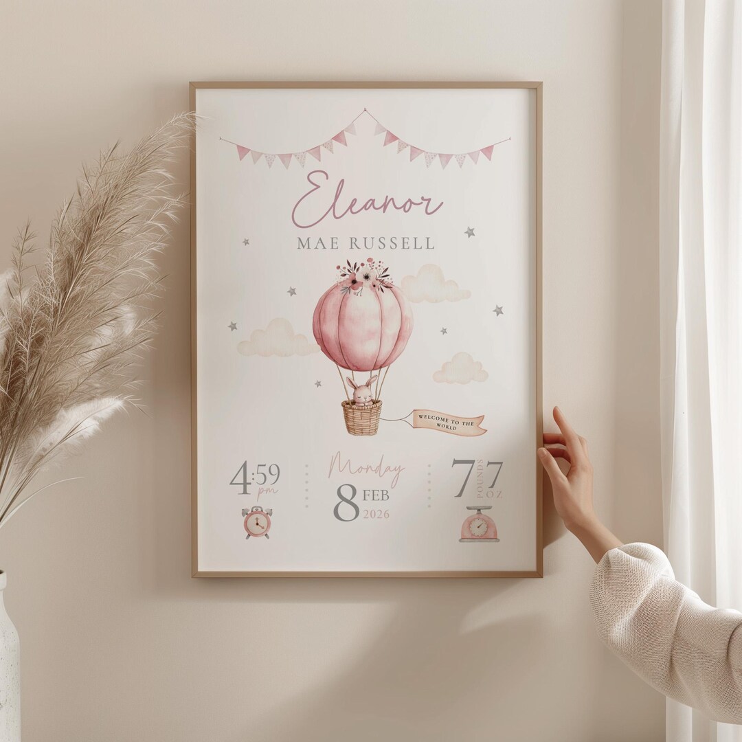 New Baby Personalised Print: Hot Air Balloon Birth Details Keepsake ...