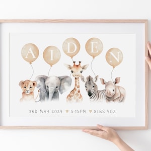 New Baby Gift Print | Animal Safari Balloon | Personalised Name Nursery Birth New Baby Picture Print Christening Gift Unframed