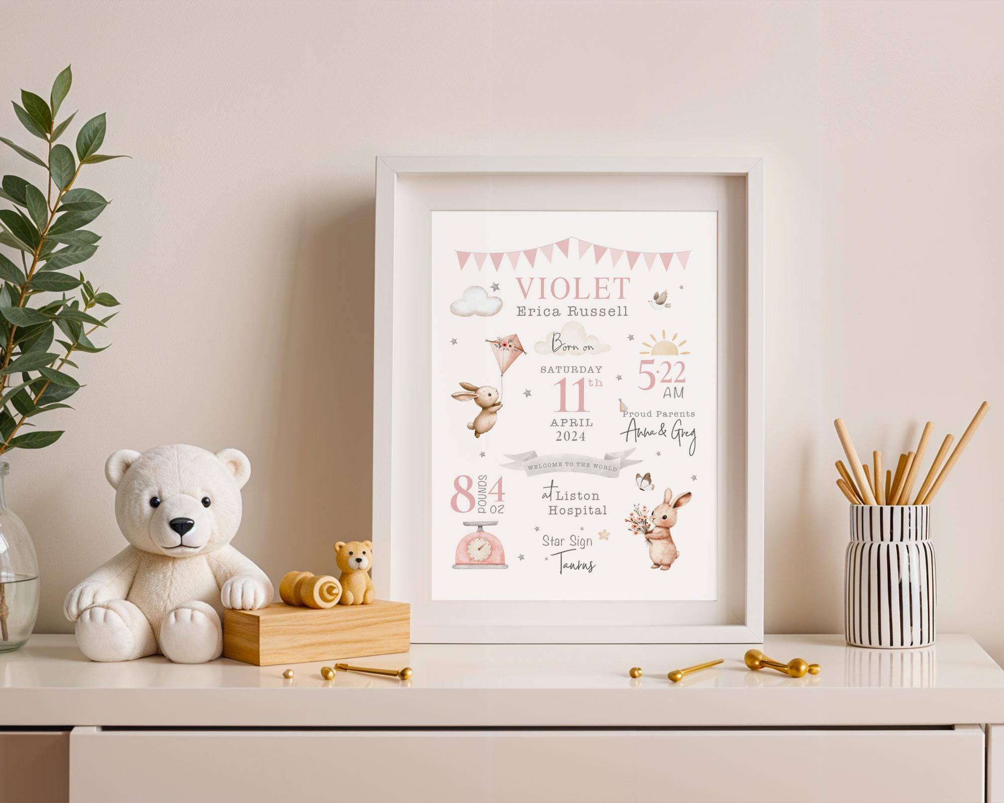 New Baby Girl Birth Stat Print Gift: Keepsake Nursery Decor, Pink Bunny ...