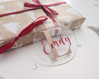 Clear Initial Christmas Bauble | Christmas Tree Ornament Name | Christmas Acrylic Bauble | Glitter Decoration | Personalised Bauble