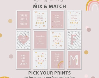 Mix and Match Girls Pink Nursery Prints Set: Rainbow Wall Art, Pink playroom decor
