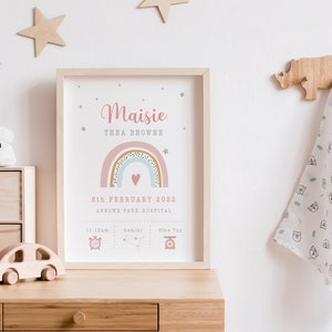 New Baby Girl Gift, Personalised print for girls, Gift for Baby girl, Nursery Print Dusky Pink, Personalised Gift for Girls, Rainbow Print image 6