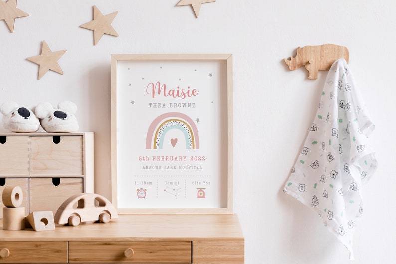 New Baby Girl Gift, Personalised print for girls, Gift for Baby girl, Nursery Print Dusky Pink, Personalised Gift for Girls, Rainbow Print image 6