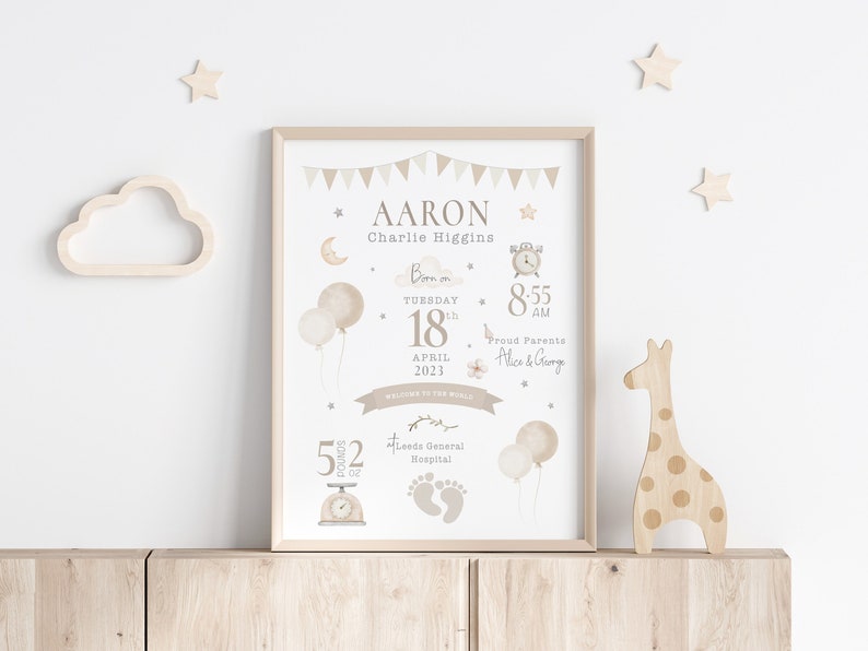 May include: A beige and white baby announcement print with a watercolor design. The print features a clock, balloons, stars, and footprints. The text on the print reads "AARON Charlie Higgins Born on Tuesday 18th April 2023 8:55 AM Proud Parents Alice & George Leeds General Hospital 52 ounces".