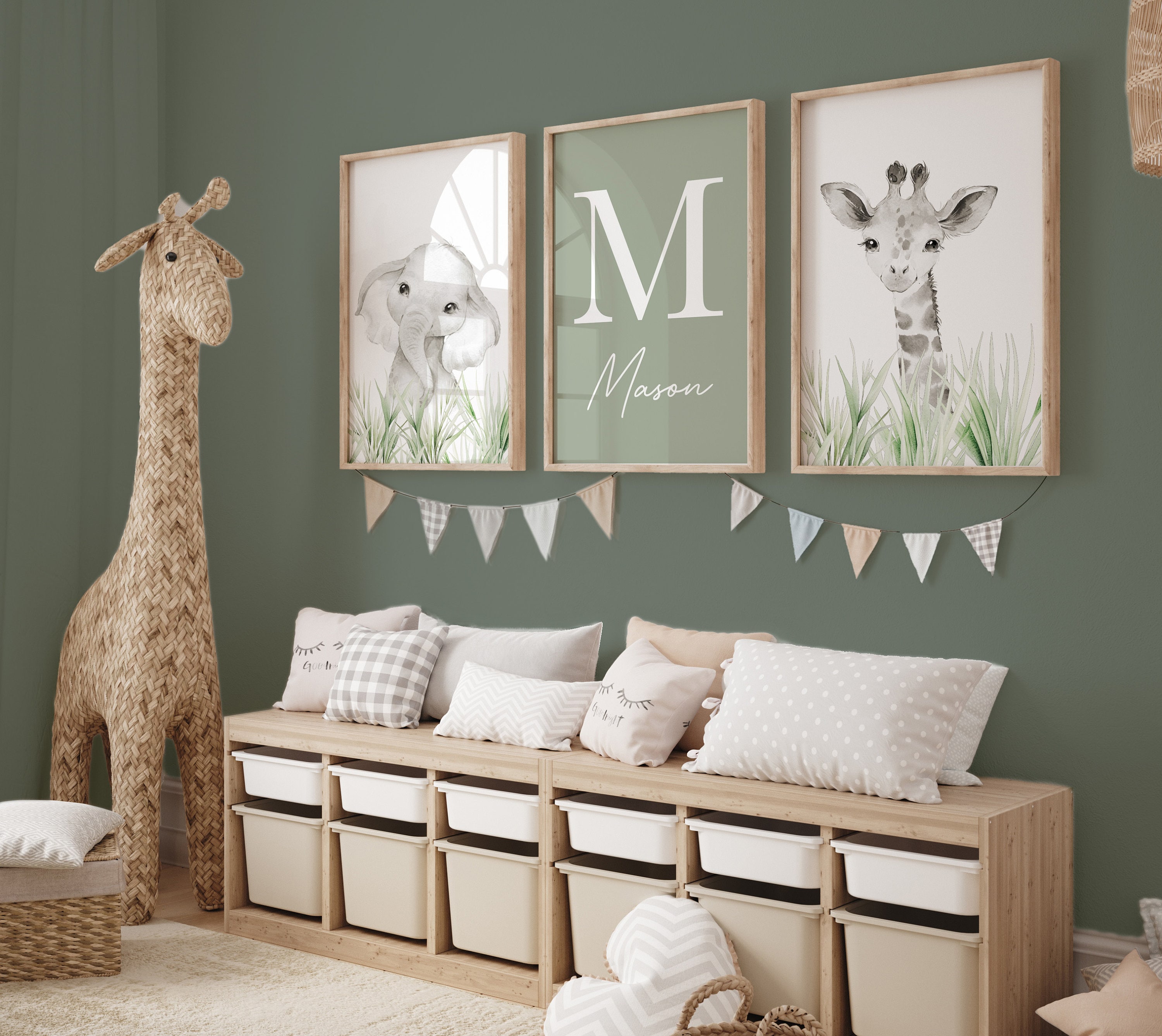 Imprimés animaux safari pour chambre de bébé : décorations murales vert sauge pour chambre d'enfants, lot de 3 - France