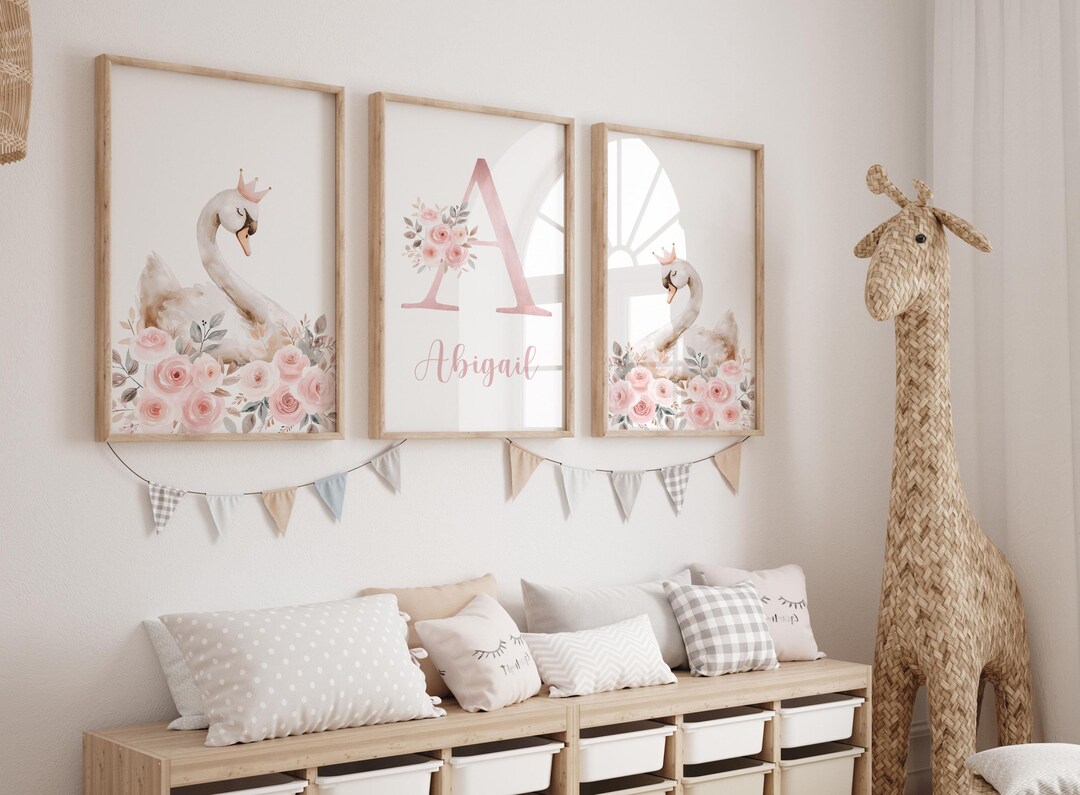 Personalised Swan Ballet Print Set: Pink Floral Nursery Decor With Name ...