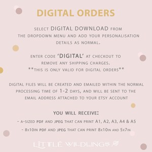 May include: Digital download instructions for printable files.  The text reads "Digital Orders" and includes information about how to receive digital files and the sizes available: A-sized PDF and JPEG that can print A1, A2, A3, A4 & A5 and 8x10in PDF and JPEG that can print 8x10in and 5x7in.