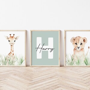 Set of 3 Safari Nursery Prints, Animal Prints, Personalised Kids Prints ...