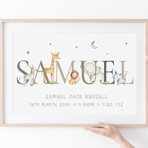Baby Geschenk Safari Name Druck | Personalisierter Namensdruck | Safari, Dschungel, Elefant, Giraffe, Zebra, Löwe, Tiger, Dschungel Namen Print
