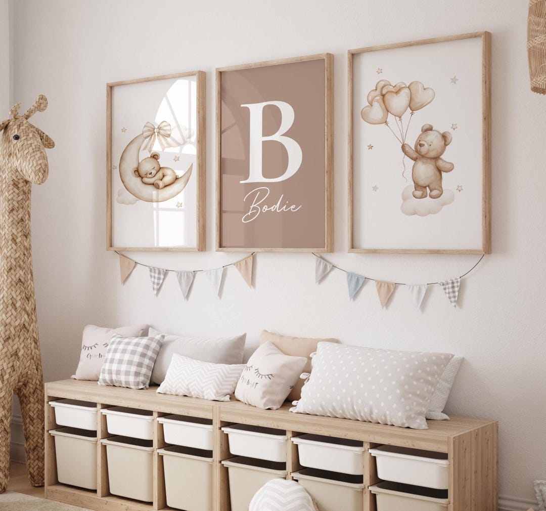 Set of 3 Baby Nursery Personalised Teddy Bear Prints | Stars Cloud Moon ...