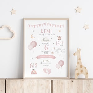 May include: A pink and white printable baby birth announcement poster with the name "Remi Georgia Dunne" and details about the baby's birth, including the date, time, and weight. The poster features illustrations of balloons, a clock, a cloud, stars, and footprints.