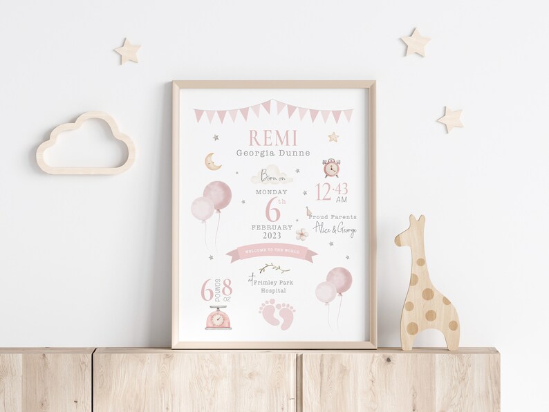 May include: A pink and white printable baby birth announcement poster with the name "Remi Georgia Dunne" and details about the baby's birth, including the date, time, and weight. The poster features illustrations of balloons, a clock, a cloud, stars, and footprints.