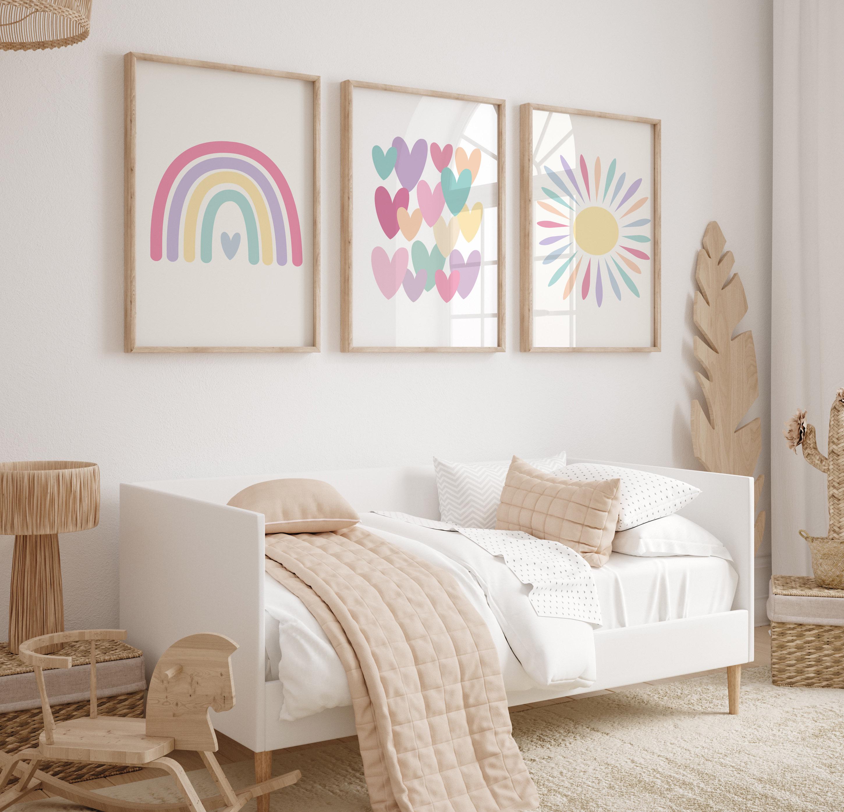 Set of Three Rainbow Nursery Prints: Pastel Rainbow, Hearts, Sun - Etsy