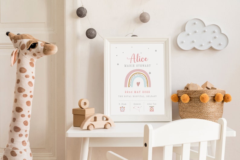 New Baby Girl Gift, Personalised print for girls, Gift for Baby girl, Nursery Print Dusky Pink, Personalised Gift for Girls, Rainbow Print image 5