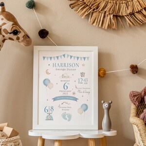 May include: A white framed print with blue and white illustrations of a moon, stars, balloons, and a clock. The print includes the text "HARRISON George Dunne Born on Monday 6th February 2023 at 12:43 am Proud Parents Alice & George 6.8 lbs Harrison Park Hospital".