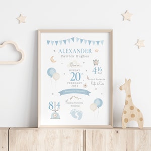 May include: A blue and white baby announcement print with the name Alexander Patrick Hughes, born on Monday, February 20th, 2023 at 4:16 AM. The print features a cloud, stars, balloons, a clock, and a scale with the weight of 8.4 pounds. The print also includes the text "Welcome to the World" and "Royal Victoria Hospital."