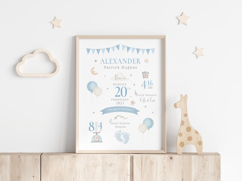 May include: A blue and white baby announcement print with the name Alexander Patrick Hughes, born on Monday, February 20th, 2023 at 4:16 AM. The print features a cloud, stars, balloons, a clock, and a scale with the weight of 8.4 pounds. The print also includes the text "Welcome to the World" and "Royal Victoria Hospital."
