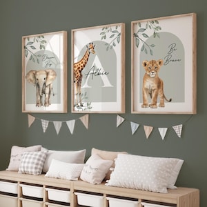Set of three Safari Nursery Prints Set: Sage Green Jungle Animals, Playroom Decor