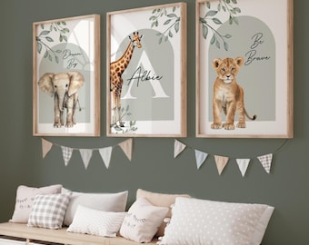 Ensemble de trois imprimés Safari pour chambre de bébé : animaux de la jungle vert sauge, décoration de salle de jeux