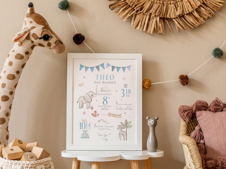 New Baby Print Gift, Personalised print for boy, Blue Print, Nursery Print Boys, Personalised Gift for Boys, Birth Stats print