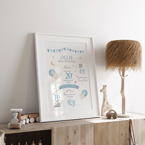 May include: A blue and white baby announcement print with the name Ollie Ross Whitehall, born on Monday, February 20th, 2023 at 4:16 AM. The print features a blue and white balloon, a star, a moon, and a clock. The print also includes the text "Proud Parents Sun & Charle" and "Royal Victoria Hospital".