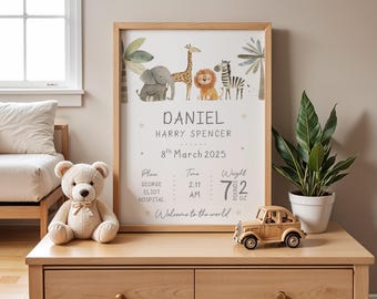 New Baby Personalised Print | Birth Details Gift | Keepsake Print | New Baby Gift | Newborn Gift | Neutral Nursery Print | Animal Print