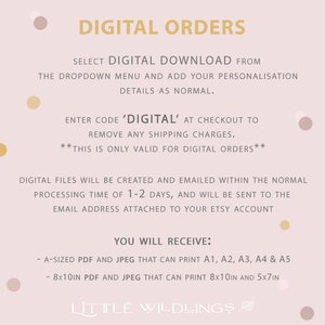 May include: Digital download instructions for printable files.  The text reads "Digital Orders" and includes information about how to receive digital files and the sizes available: A-sized PDF and JPEG that can print A1, A2, A3, A4 & A5 and 8x10in PDF and JPEG that can print 8x10in and 5x7in.