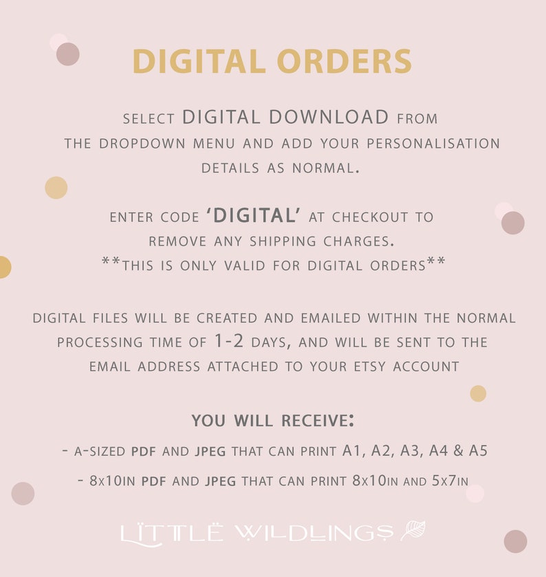 May include: Digital download instructions for printable files.  The text reads "Digital Orders" and includes information about how to receive digital files and the sizes available: A-sized PDF and JPEG that can print A1, A2, A3, A4 & A5 and 8x10in PDF and JPEG that can print 8x10in and 5x7in.
