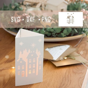 Plotterdatei SVG, DXF, PNG Weihnachtskarte zum selber basteln. Winter Häuschen Schneideplotter