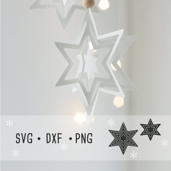 Archivo de trazador SVG, DXF, PNG dos estrellas de papel para hacer tú mismo. Plotter de corte de estrellas de invierno