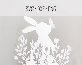 Plotter file SVG, DXF, PNG rabbit in flowers made of paper to make yourself. With butterflies to sit on. Spring cutting plotter