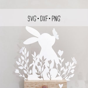 File plotter SVG, DXF, PNG coniglietto in fiori di carta da realizzare. Con farfalle su cui sedersi. Taglierina a molla