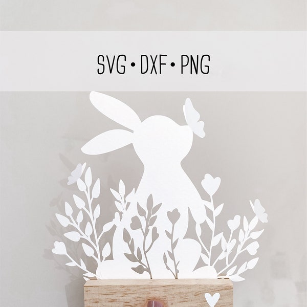 Plotterdatei SVG, DXF, PNG Hase in Blumen aus Papier zum selber basteln. Mit Schmetterlingen zum daraufsetzen. Frühling Schneideplotter