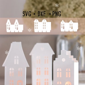 File plotter SVG, DXF, PNG Fila di case da costruire da soli. Plotter da taglio per cottage invernale