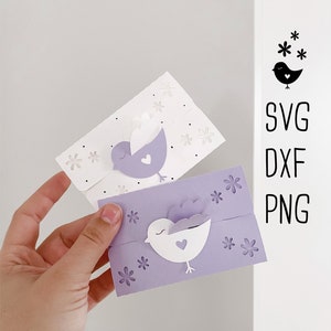 Plotterdatei SVG, DXF, PNG Verpackung für Gutscheine aus Papier zum selber basteln. Mit Vogel verziert. Frühling Schneideplotter