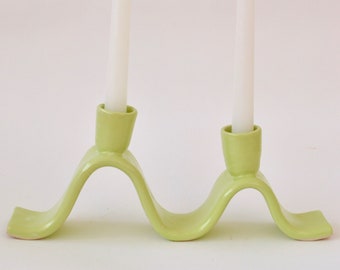 Mint green ceramic wavy candelabra - Handmade candle holder for 2 taper candles