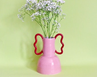 Handmade ceramic wiggle handle vase in - pink