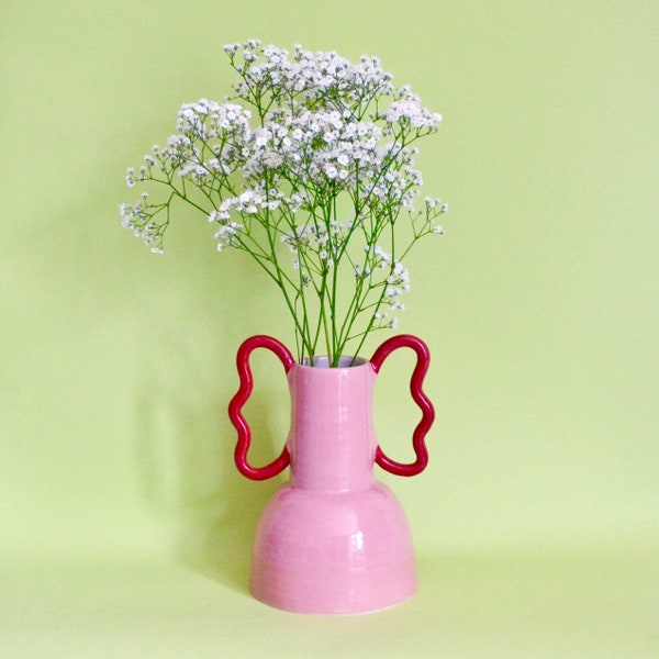 Handmade ceramic wiggle handle vase in - pink