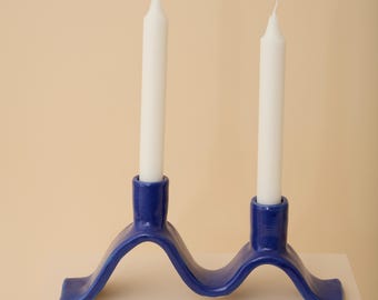 Blue wavy ceramic candelabra - handmade candle holder for two dinner candles