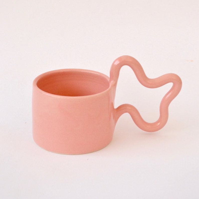 Pink handmade ceramic mug with wiggle handle image 1