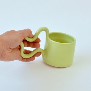 Green handmade ceramic mug with wiggle handle image 4