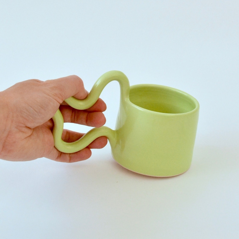 Green handmade ceramic mug with wiggle handle image 4