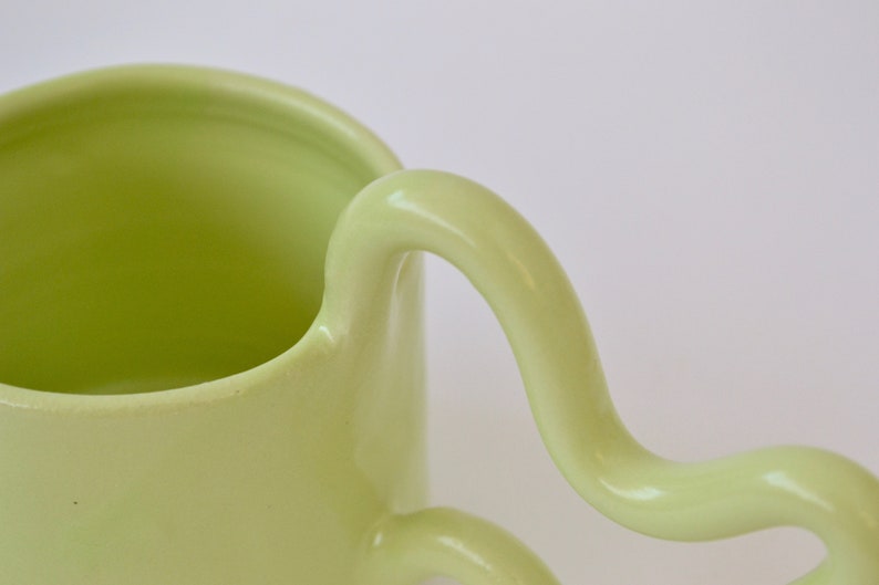 Green handmade ceramic mug with wiggle handle image 5