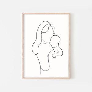 May include: Line art drawing of a mother holding a baby in her arms. The drawing is in black and white and is done in a minimalist style.